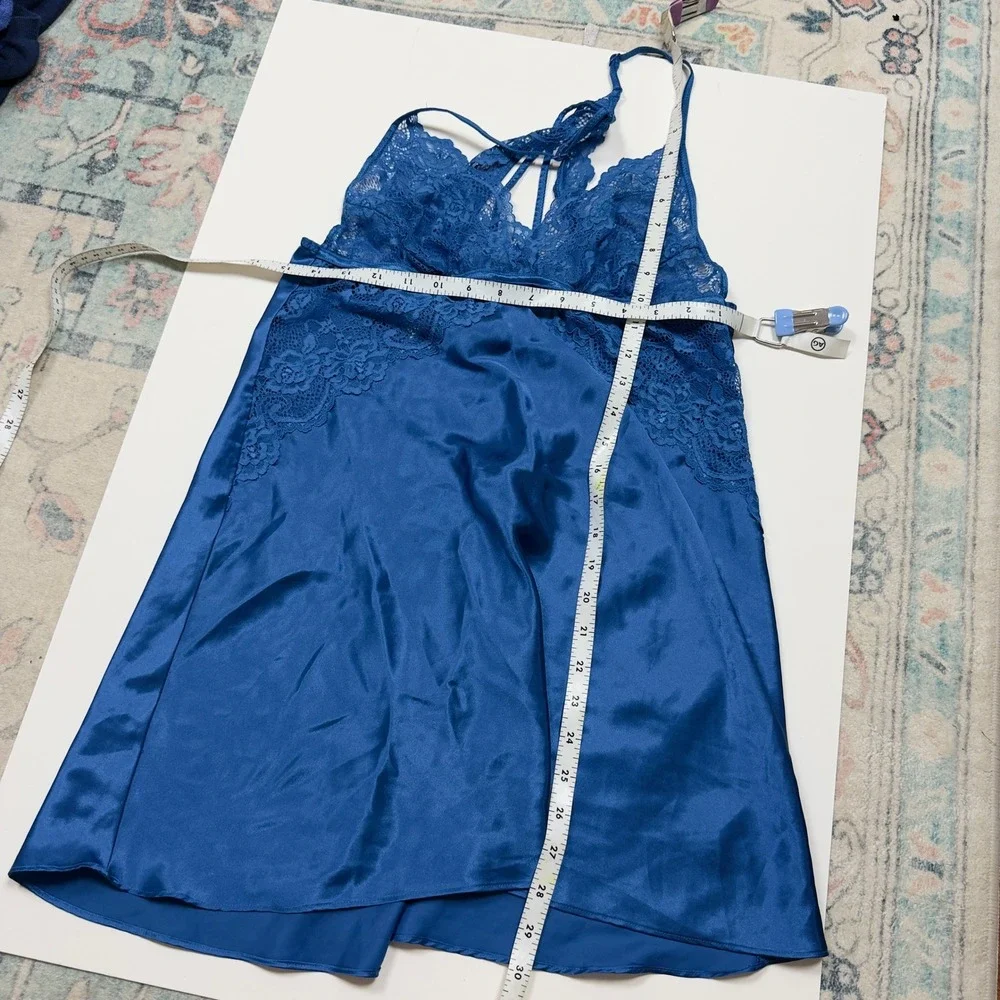 Coquette Blue Lace Chemise Nightie Strappy Back Satin Romantic Dainty One Size